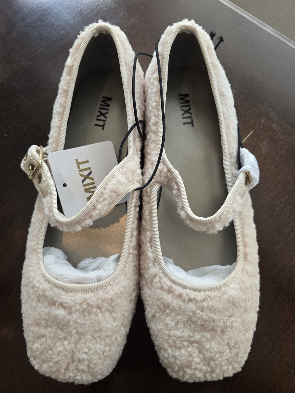 Mixit Women's Cream Fuzzy Mary Jane Flats